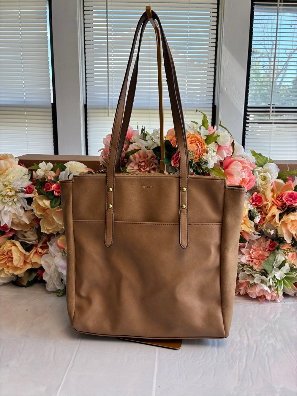Relic Faux Leather Structured Tote Bag Taupe Brown Gold Hardware Shoulder Purse